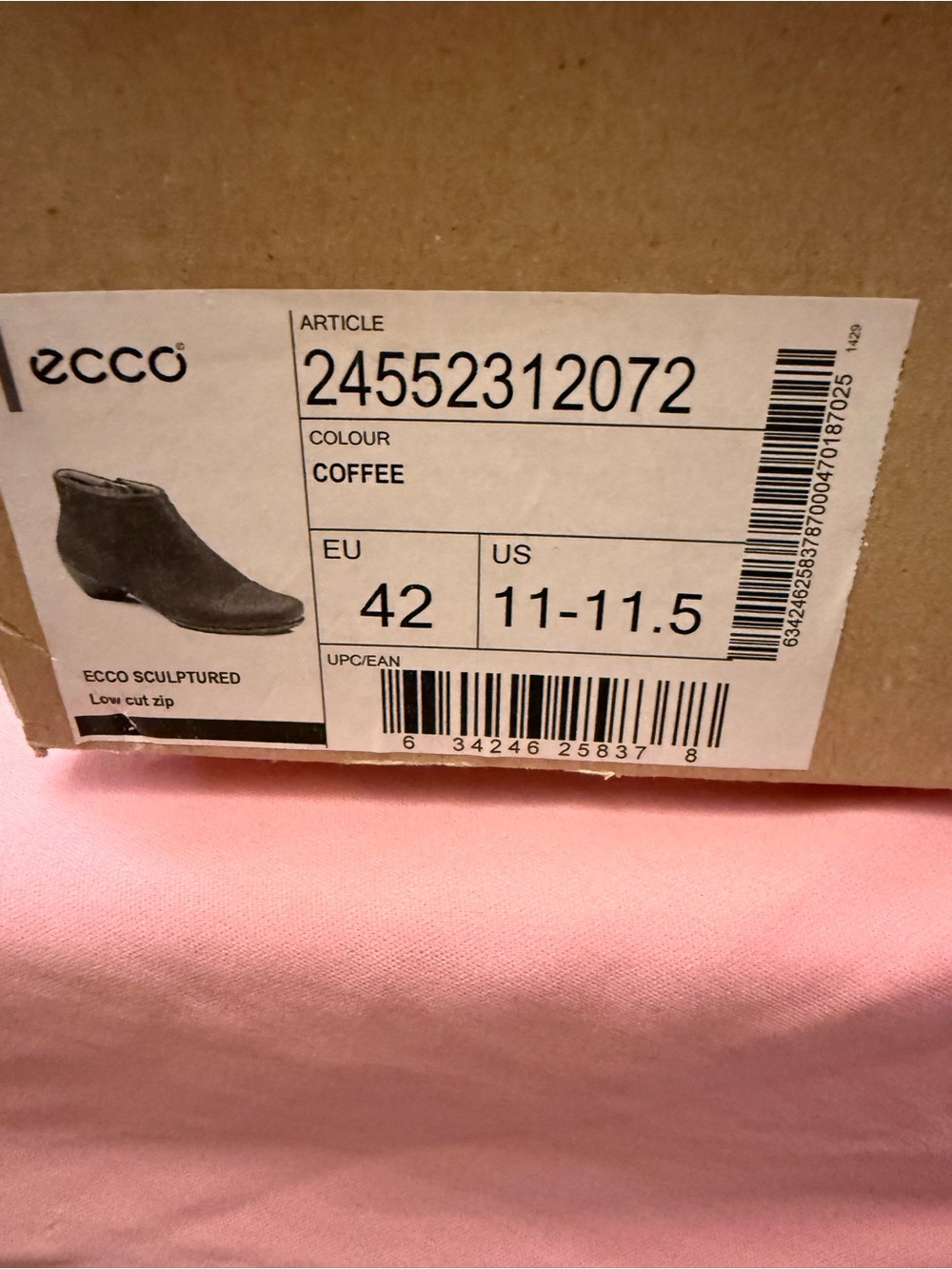Ecco Sculptured Low Cut Zip Boot - Coffee Brown USED